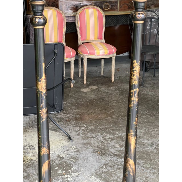 2000 - 2009 Vintage Black Lacquer Gold Chinoiserie Wood Floor Lamps a Pair For Sale - Image 5 of 8