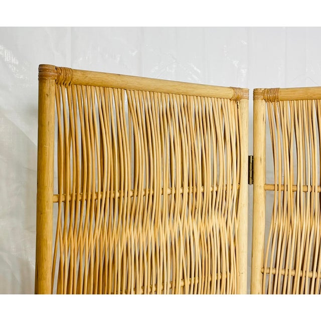 Vintage Rattan Folding Screen Room Divider With Brass Hardware, Organic Modern For Sale - Image 11 of 18