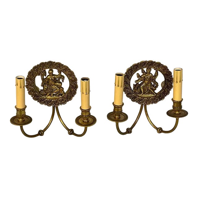 1950s French Bronze & Mirror Medallion 'America & Europe' Wall Sconces - A Pair For Sale