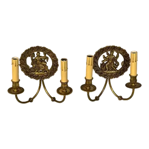 1950s French Bronze & Mirror Medallion 'America & Europe' Wall Sconces - A Pair