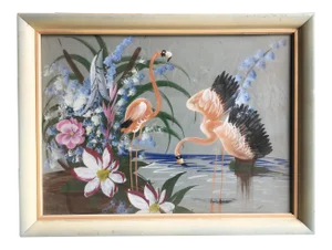 Tropical Flamingos Acrylic on Paper in Original Frame, Unisgned