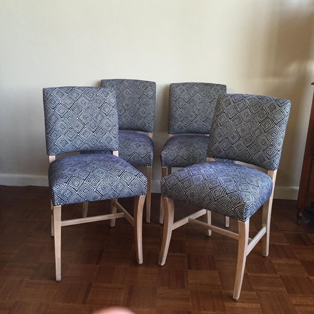 Light Wood Upholstered Blue Geometric Dining Chairs Set of Four