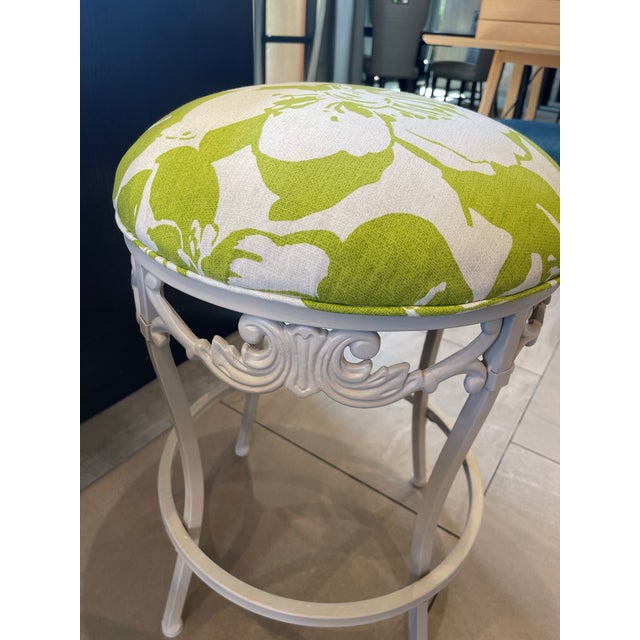 2000 - 2009 Summer Ivory & Lime Iron Scroll Upholstered Counter Stools (Set of 3) For Sale - Image 5 of 11