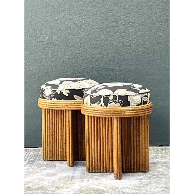 Wood Vintage Schumacher Pencil Reed Upholstered Stools - Pair For Sale - Image 7 of 12