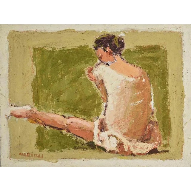 1970s Franco Marzilli, Ballerina on a Green Background, Oil Painting, 1970s For Sale - Image 5 of 5