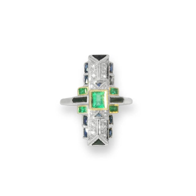 Art Deco 1920s 18K White Gold Emerald Sapphire Diamond Mosaic Ring Art Deco Handmade Estate, Size 6.75 For Sale - Image 3 of 3