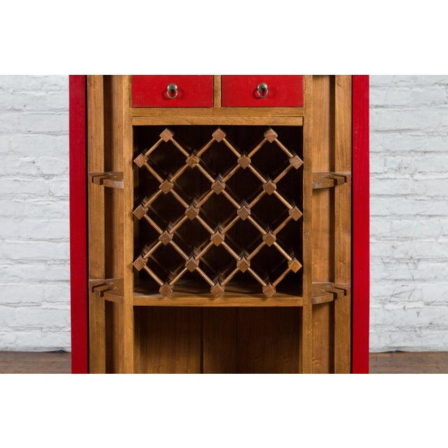 Antique Chinese Style Red Lacquered Liquor Cabinet with Revolving Hidden Panel For Sale - Image 4 of 13