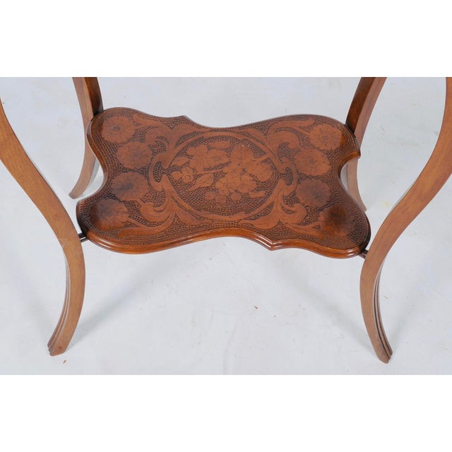 Art Nouveau Antique Floral Pokerwork Two-Tier Side Table With Scalloped Top For Sale - Image 3 of 5