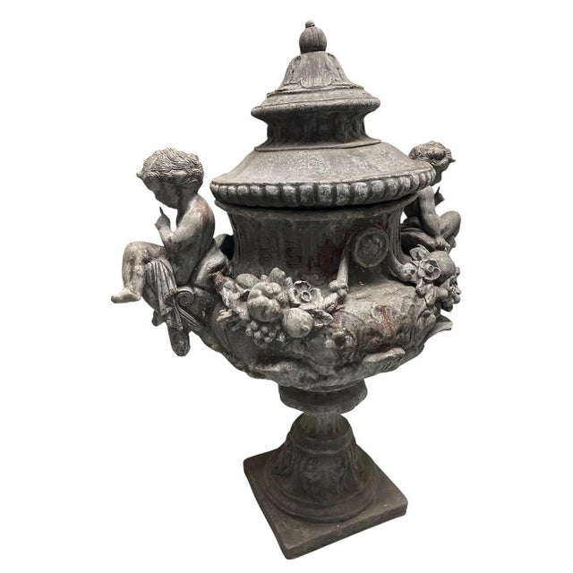 2000 - 2009 A Pair of Monumental 19th-Century Style English Cast Lead Garden Urns With Lids & Putti For Sale - Image 5 of 12