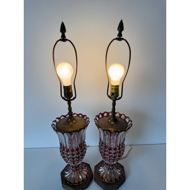 Vintage Bohemian Ruby Red / Cranberry Cut to Clear Glass Table Lamps – A Pair For Sale - Image 11 of 12