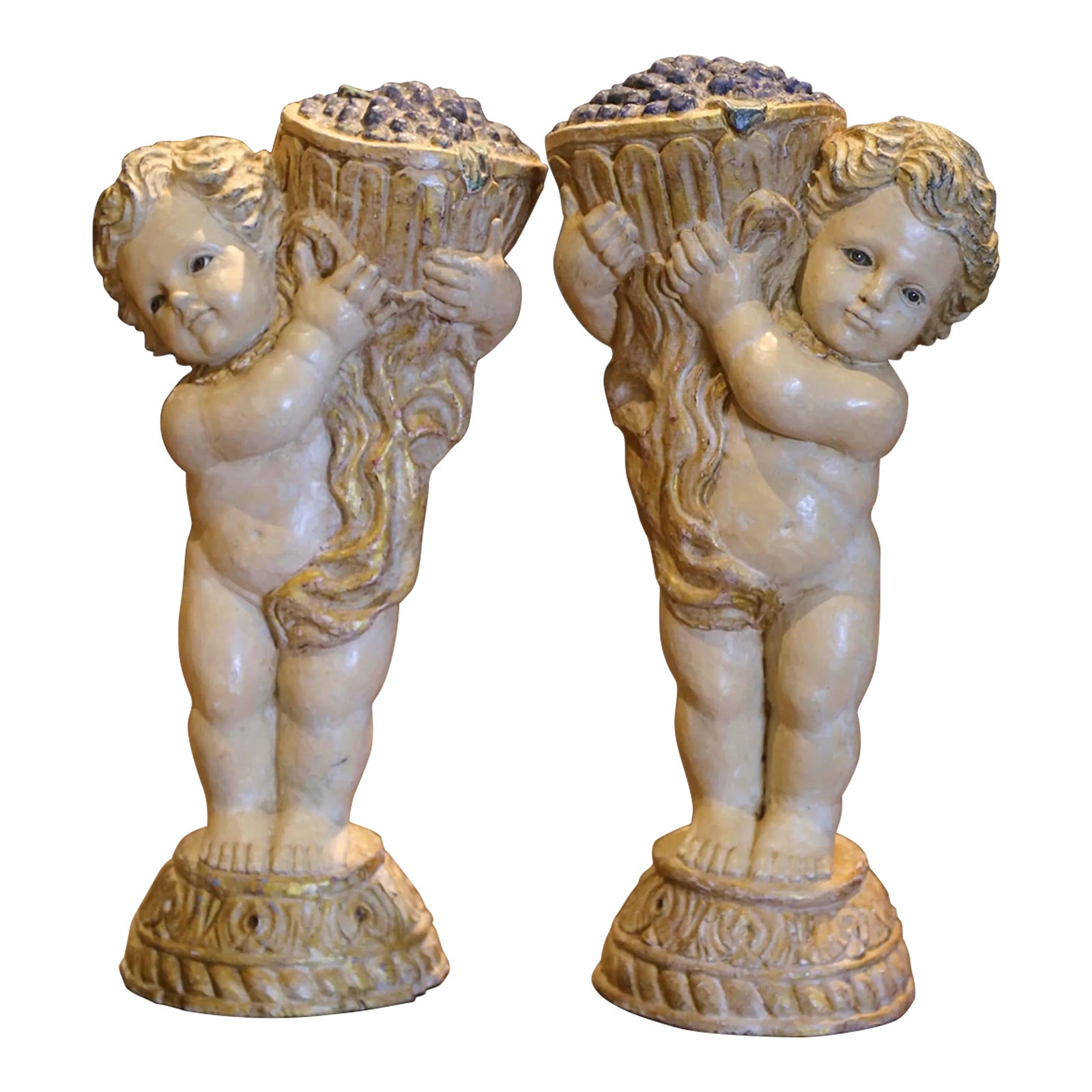 Pair 19th Century Italian Carved Polychrome and Painted Young Bacchus ...