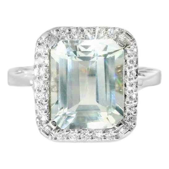 Mid 20th Century 14k White Gold Aquamarine Diamond Cocktail Ring Estate, Size 7 For Sale