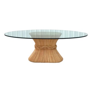 1980s McGuire Refurbished Rattan Stacked “Sheaf of Wheat” Pedestal Table. Boasts a Thick 3/4 Inch Clear Glass Beveled Top. For Sale