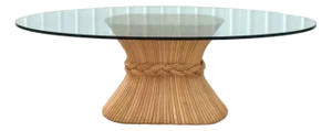 1980s McGuire Refurbished Rattan Stacked “Sheaf of Wheat” Pedestal Table. Boasts a Thick 3/4 Inch Clear Glass Beveled Top.