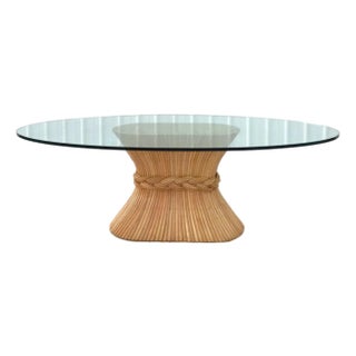 McGuire Refurbished Rattan Stacked “Sheaf of Wheat” Pedestal Table. Boasts a Thick 3/4 Inch Clear Glass Beveled Top. For Sale