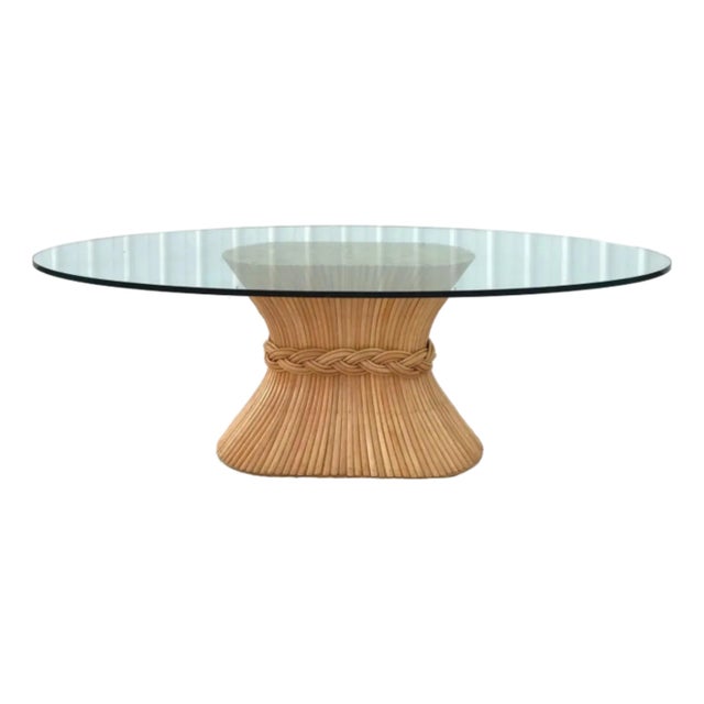 McGuire Refurbished Rattan Stacked “Sheaf of Wheat” Pedestal Table. Boasts a Thick 3/4 Inch Clear Glass Beveled Top. For Sale
