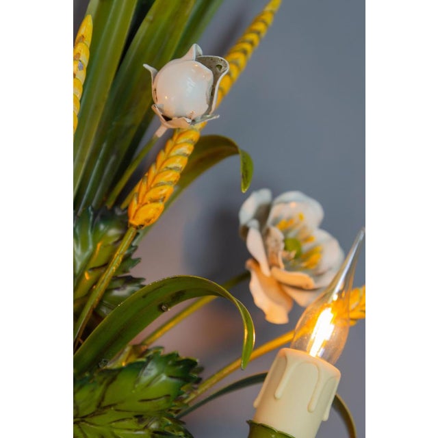 Italian Toleware White Poppy and Wheat Green Floral Bouquet Two-Light Sconce, 1960s For Sale - Image 6 of 18