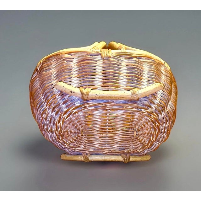 Hand‑Woven Rattan Double‑Handle Basket With White‑Wash Patina For Sale - Image 4 of 6