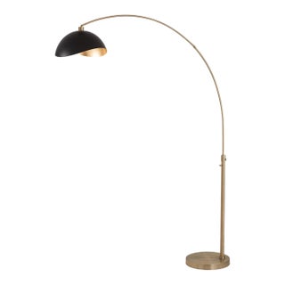 1960s Mid Century Luna Bella Brass Floor Lamp - 92" Modern Arc Lamp, Matte Black/Gold Shade, Dimmable, Living Room For Sale