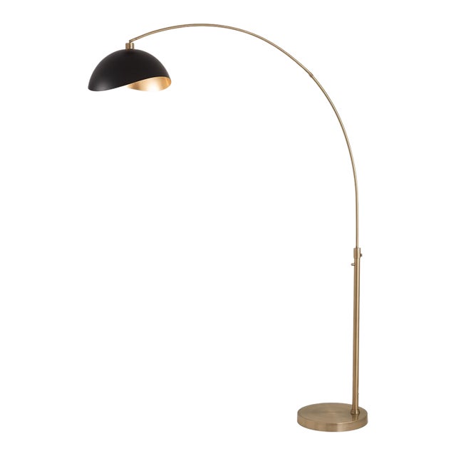 1960s Mid Century Luna Bella Brass Floor Lamp - 92" Modern Arc Lamp, Matte Black/Gold Shade, Dimmable, Living Room For Sale