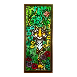 1970s Vintage Stained Glass Panel — Tiger in the Jungle For Sale
