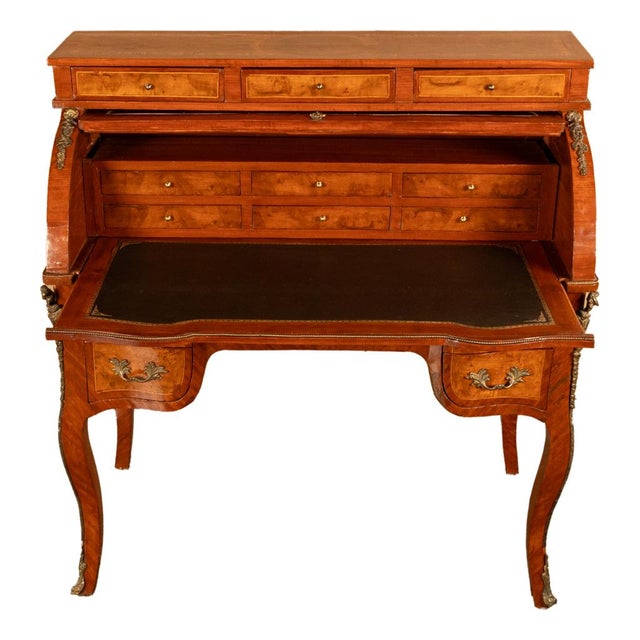 Antique French Louis XV Cylinder Marquetry & Ormolu Bureau Writing Desk 1880 For Sale - Image 9 of 17
