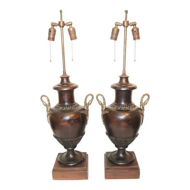 1940s Pair of 2 Large Antique Hand Carved Wood Brass Swan Sculpture Urn Style Lamps For Sale