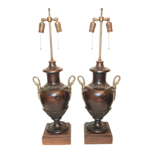1940s Pair of 2 Large Antique Hand Carved Wood Brass Swan Sculpture Urn Style Lamps