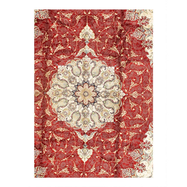 Persian Tabriz Design Viscose on a cotton foundation with a medallion 80-Raj quality This rug has a dense, soft pile, and...