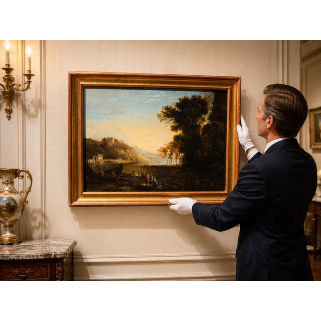 Follower of Claude Lorrain, Merchants on the River Po, 1800s, Oil Painting on Canvas, Framed For Sale - Image 5 of 11