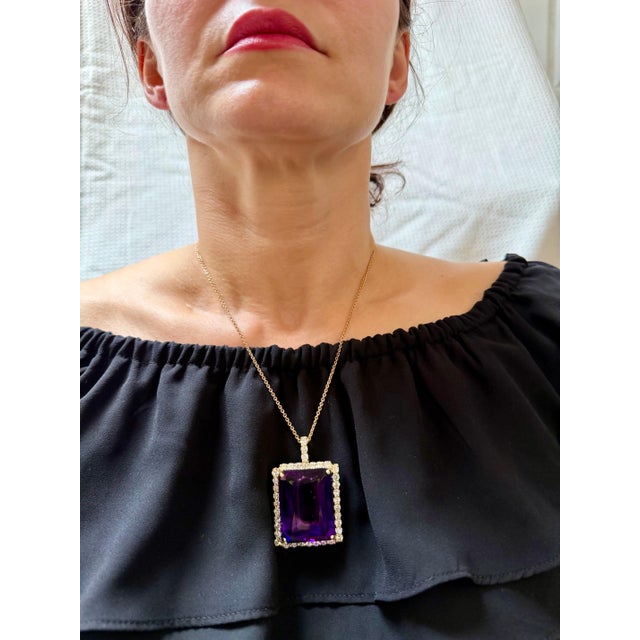 Purple 102 Ct Emerald Cut Amethyst & 5.5 Ct Diamond Pendant Necklace 14ky Gold + Chain For Sale - Image 8 of 8