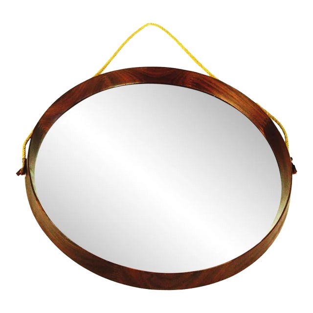 Mid-Century Italian Circular Teak and Rope Wall Mirror For Sale