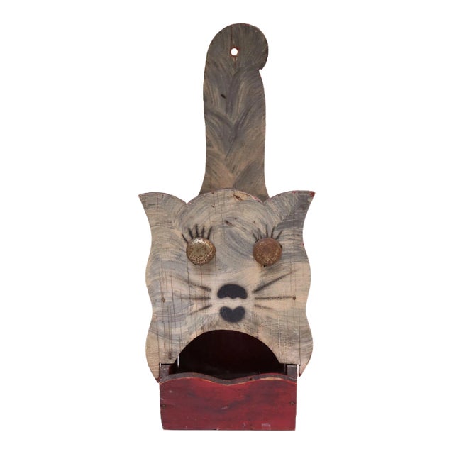 Vintage Folk Art Carved "Cat" Red Painted Matchbook Holder For Sale