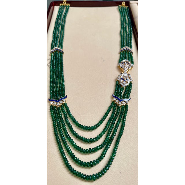 300 Carat 5-Strand Emerald Necklace with 4.8 Carat Diamond & Enamel in 14k Gold For Sale - Image 11 of 18