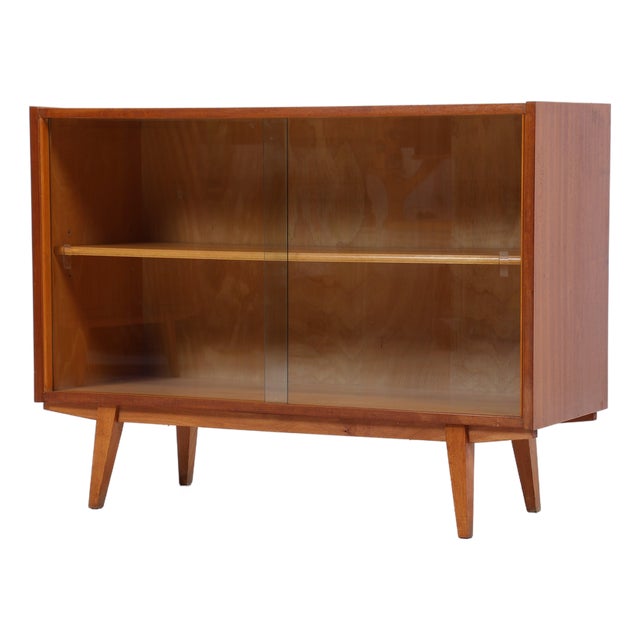 Mid-Century Modern Walnut Display Cabinet with Glass Sliding Doors, 1960s For Sale
