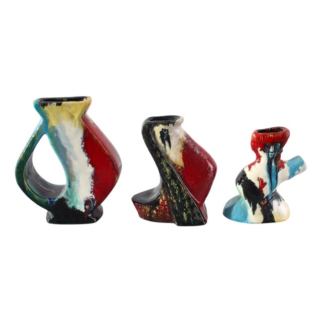Hand-Glazed Polychrome Ceramic Vases-Sculptures by A. Minghetti, Italy, 1950s, Set of 3 For Sale