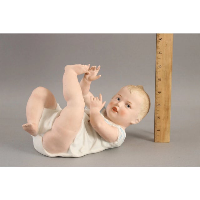 Figurative Antique German XL Hand Painted Bisque Porcelain Piano Baby Gebruder Heubach Figurine Doll For Sale - Image 3 of 11