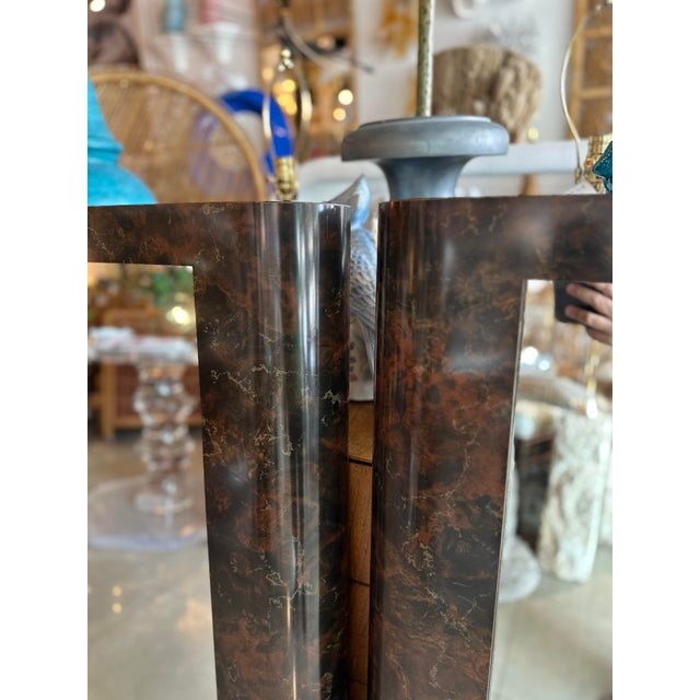 Vintage Pair of Mid Century Modern Dark Burl Wood Laminate Wall Mirrors For Sale In West Palm - Image 6 of 12