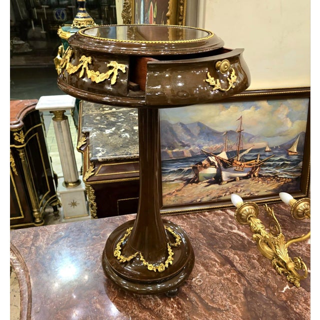 French Style Wood Side Table With Glass Top, Gold Leaf Details & Functional Drawer For Sale - Image 4 of 5