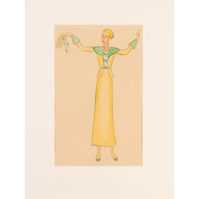 Art Deco Fashion Drawings II, Gouache on Paper, Framed For Sale - Image 6 of 12