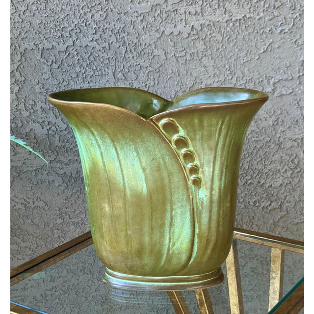 Circa 1949 Frankoma Pottery "Modelled Wheat" Vase Style 74 in Prairie Green For Sale - Image 16 of 18