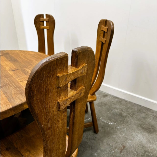 Brown Belgian Brutalist Oak Dining Table and Chairs, 1970s, Set of 7 For Sale - Image 8 of 15