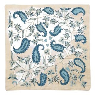 19"x20" Embroidered 100% Silk Pillowcase. Handmade Cushion. Blue Throw Pillow For Sale