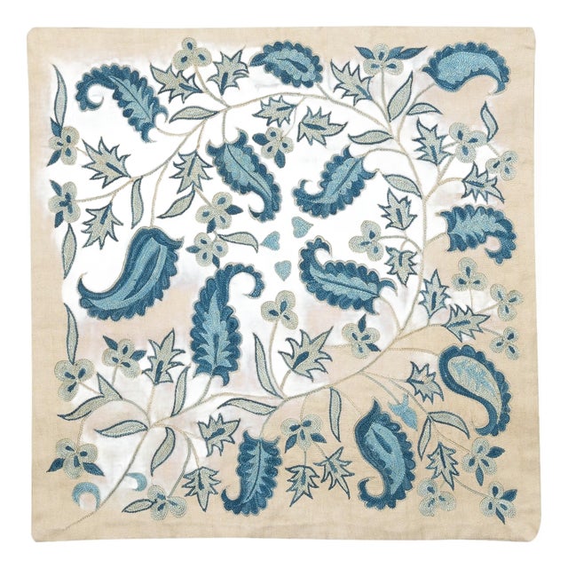 19"x20" Embroidered 100% Silk Pillowcase. Handmade Cushion. Blue Throw Pillow For Sale