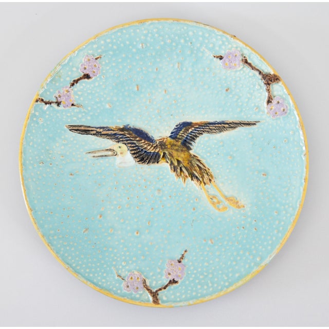 Turquoise 19th Century English Joseph Holdcroft Turquoise Majolica Flying Crane Plate For Sale - Image 8 of 8