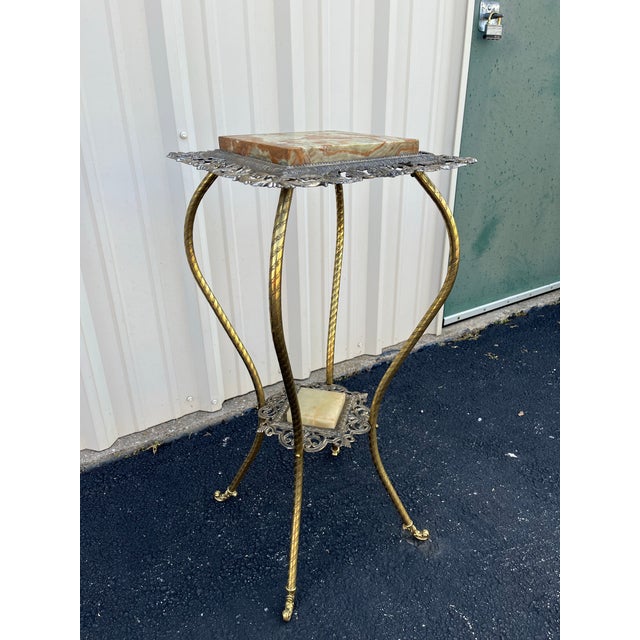 Mid 20th Century Antique Two-Tier Art Nouveau Brass and Onyx Planter Stand With Gallery For Sale - Image 5 of 12