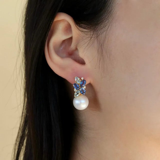 2020s Nina Zhou Sapphire, Aquamarine and Diamond Cluster Pearl Convertible Drop Earrings in 14k Yellow Gold, a Pair For Sale - Image 5 of 10