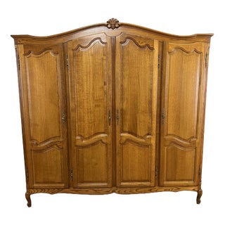 Vintage French Louis XVI Style Carved Oak 4-Door Armoire For Sale