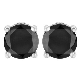 .925 Sterling Silver 3.00 Cttw Round Brilliant-Cut Black Diamond Classic 4-Prong Stud Earrings with Screw Backs, A Pair For Sale