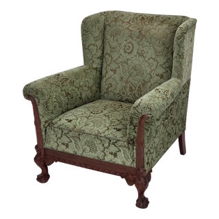 Danish Armchair in Green Velour and Carved Oak, 1950s For Sale